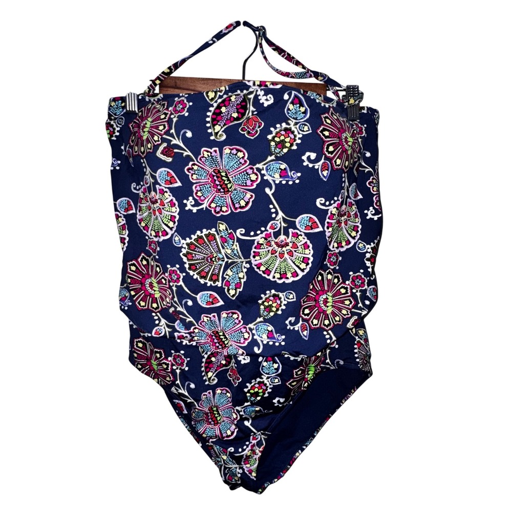 Liz Claiborne Navy Floral Print One Piece Swimsuit Tummy Control Size 14